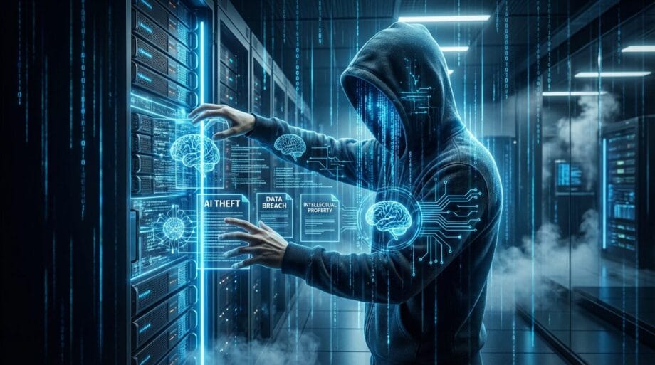 A person in a hoodie interacts with digital data displays in a server room, highlighting AI theft and data breach warnings.