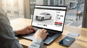 Person browsing an online car dealership website on a laptop, with a smartphone and credit card on the table nearby.