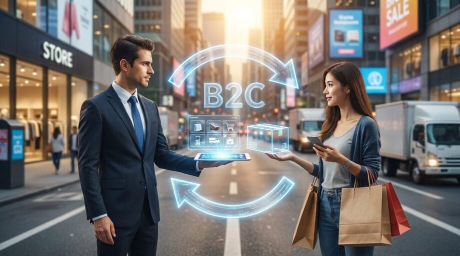A man in a suit and a woman with shopping bags exchange digital icons representing B2C commerce on a busy city street.