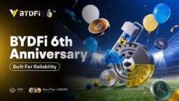 BYDFi 6th Anniversary event banner with digital currency symbols, balloons, and a stadium background, highlighting reliability.