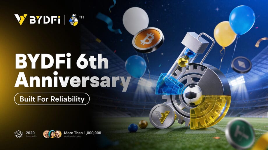BYDFi 6th Anniversary event banner with digital currency symbols, balloons, and a stadium background, highlighting reliability.