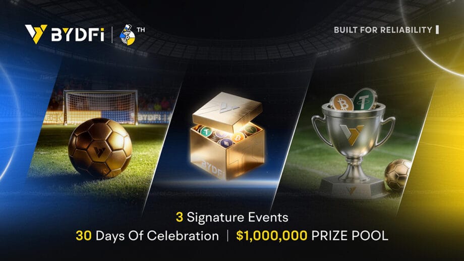BYDFi promotion with images of a golden soccer ball, a box of coins, and a trophy, highlighting a 1,000,000 prize pool event.