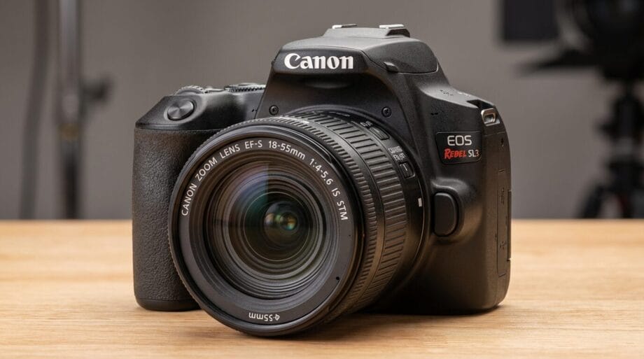 Canon EOS Rebel SL3 DSLR camera with an 18-55mm lens resting on a wooden surface, background out of focus.
