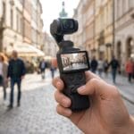 A person holds a handheld camera filming a busy cobblestone street with people walking and buildings in the background.
