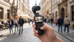 A person holds a handheld camera filming a busy cobblestone street with people walking and buildings in the background.