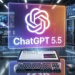 A glass-walled server room with a glowing ChatGPT 5.5 logo above a tablet displaying news about the AIs launch.