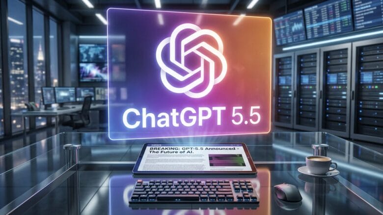 A glass-walled server room with a glowing ChatGPT 5.5 logo above a tablet displaying news about the AIs launch.