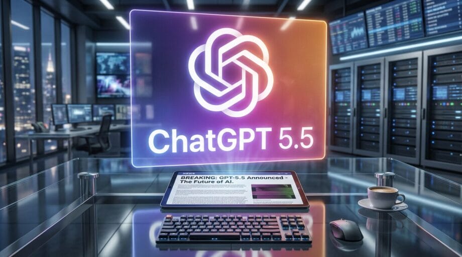 A glass-walled server room with a glowing ChatGPT 5.5 logo above a tablet displaying news about the AIs launch.