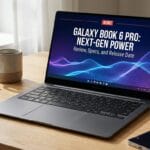 A Samsung Galaxy Book 6 Pro laptop on a wooden desk displays a headline about its review, specs, and release date. A phone and mug are nearby.