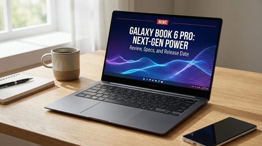 A Samsung Galaxy Book 6 Pro laptop on a wooden desk displays a headline about its review, specs, and release date. A phone and mug are nearby.