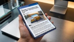 A person holds a foldable smartphone displaying a news article about the Samsung Galaxy Z Roll 5G on its screen.