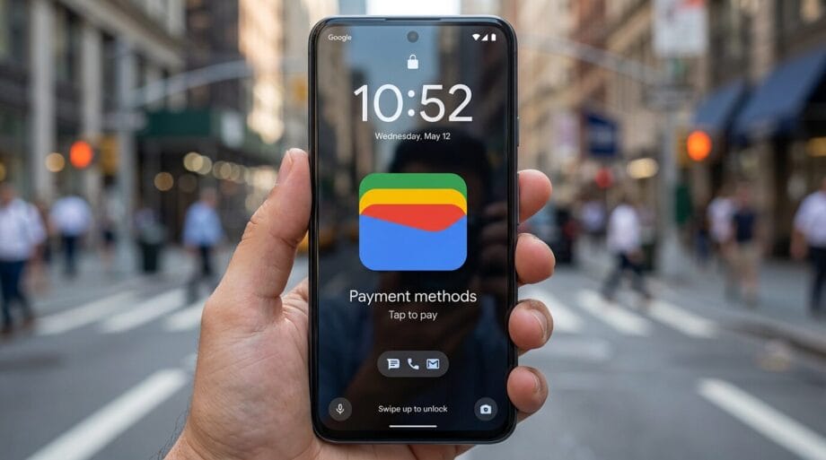 A hand holds a smartphone displaying a payment methods app, with a city street and people blurred in the background.