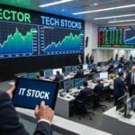 A modern trading floor with people at computer stations, large screens showing IT sector and tech stocks data, and a tablet displaying IT STOCK.