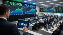 A modern trading floor with people at computer stations, large screens showing IT sector and tech stocks data, and a tablet displaying IT STOCK.