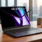 An LG Gram Pro 2-in-1 laptop with a stylus is open on an office desk, with a cup, notebook, and cityscape visible in the background.