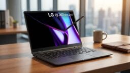 An LG Gram Pro 2-in-1 laptop with a stylus is open on an office desk, with a cup, notebook, and cityscape visible in the background.