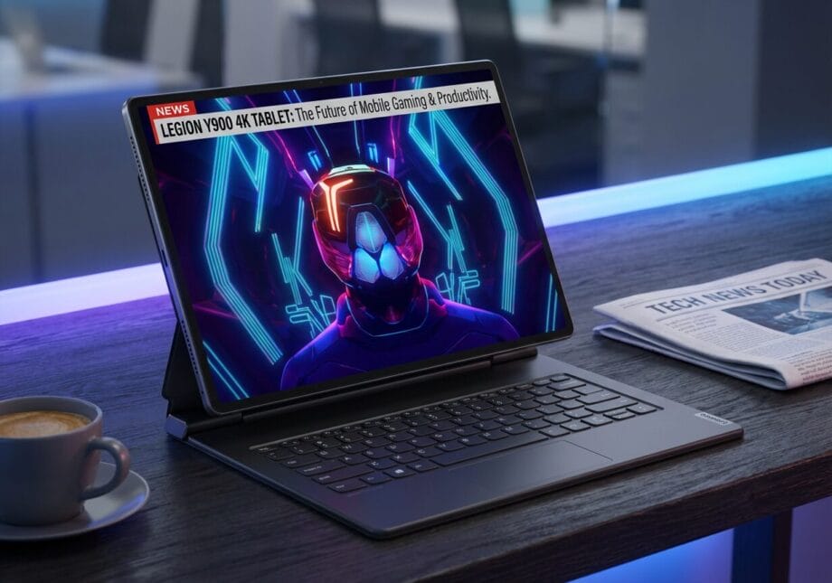 A tablet with a keyboard displays a news segment about the Legion Y900 tablet, featuring a futuristic graphic, on an office desk with coffee.