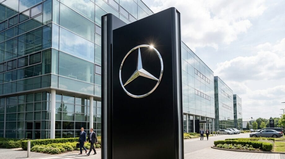 Large Mercedes-Benz logo sign in front of a modern glass office building with people walking and cars parked nearby.