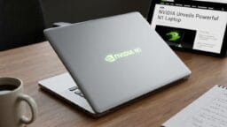 A silver laptop with a glowing NVIDIA N1 logo sits on a desk beside a tablet displaying news about the NVIDIA N1 laptop.