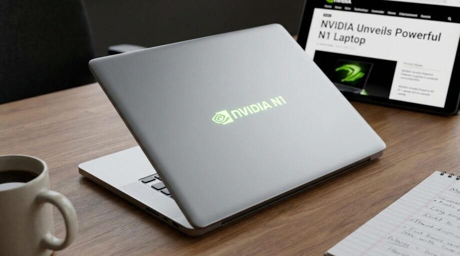 A silver laptop with a glowing NVIDIA N1 logo sits on a desk beside a tablet displaying news about the NVIDIA N1 laptop.