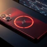 A red smartphone with a glowing circular light and dual camera sits on a reflective surface near a screen displaying tech news.