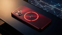 A red smartphone with a glowing circular light and dual camera sits on a reflective surface near a screen displaying tech news.