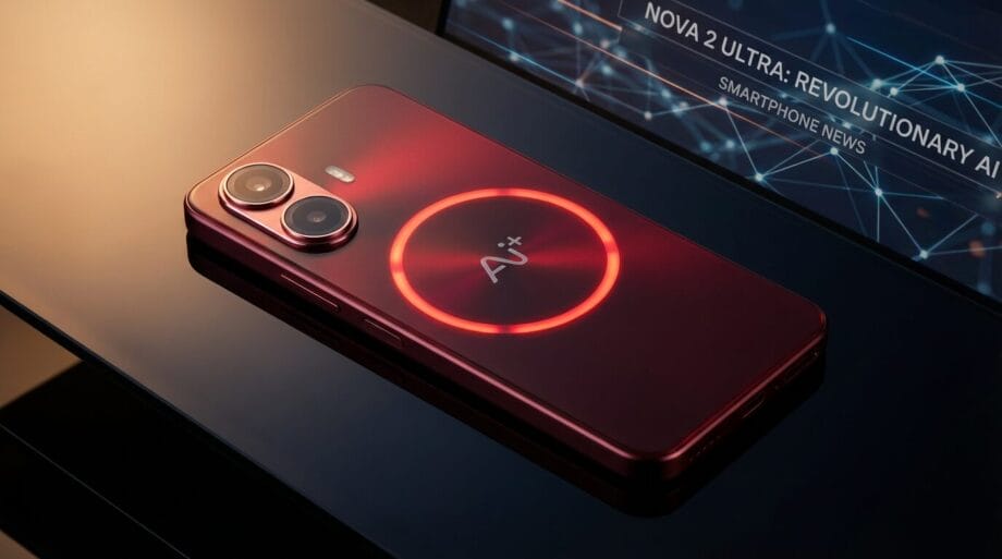 A red smartphone with a glowing circular light and dual camera sits on a reflective surface near a screen displaying tech news.