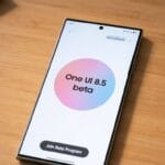 A smartphone screen displays One UI 8.5 beta with a Join Beta Program button; Breaking News graphic in the corner.