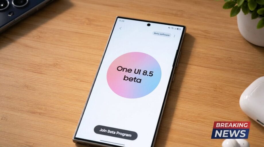 A smartphone screen displays One UI 8.5 beta with a Join Beta Program button; Breaking News graphic in the corner.
