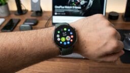 A person wears a OnePlus smartwatch displaying various app icons on the home screen, with tech devices blurred in the background.