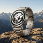 A silver smartwatch with a world map display sits on a rocky surface with mountains in the background.