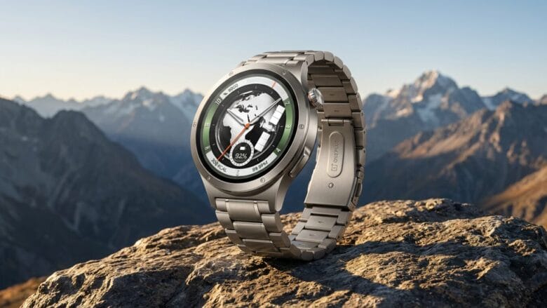 A silver smartwatch with a world map display sits on a rocky surface with mountains in the background.