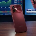 A red Oppo smartphone stands on a wooden table with financial charts and an Oppo F33 Pro launch display in the background.