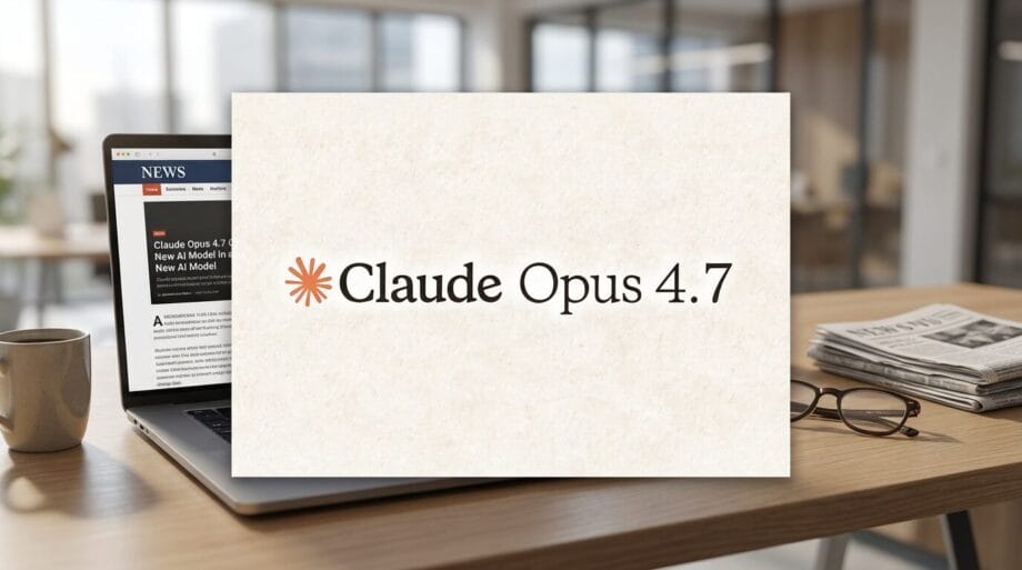 A laptop displays a news article next to a sign that reads Claude Opus 4.7 in an office setting.