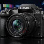 A Panasonic Lumix G70 camera displayed prominently with blurred screens showing 4K and Video News in the background.