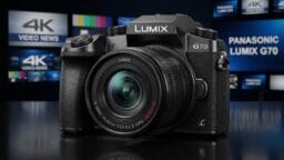 A Panasonic Lumix G70 camera displayed prominently with blurred screens showing 4K and Video News in the background.
