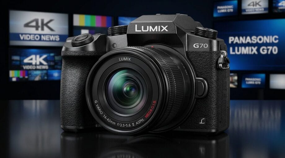A Panasonic Lumix G70 camera displayed prominently with blurred screens showing 4K and Video News in the background.