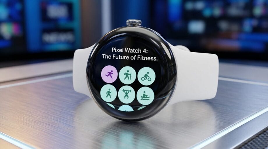 A Pixel Watch 4 with a white band displays fitness app icons and the text The Future of Fitness on its screen.
