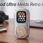 A silver handheld device with a round control pad and app icons is displayed on a desk near headphones, old iPods, and a laptop.