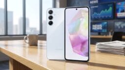 A white Samsung smartphone stands upright on a desk in an office with news screens and newspapers in the background.