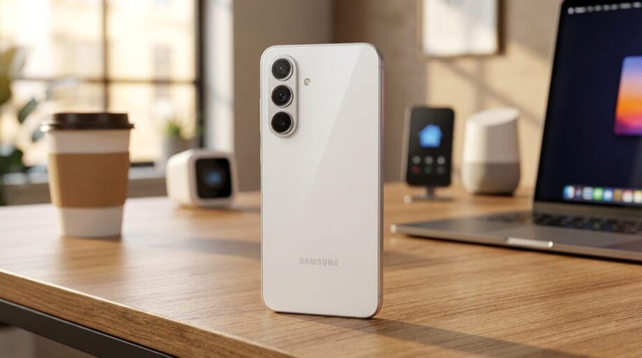 A white Samsung smartphone stands upright on a wooden desk beside a laptop, coffee cup, and smart home devices in a modern office.