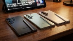 Three Samsung smartphones with styluses are displayed on a wooden surface, with a tablet showing a news article in the background.