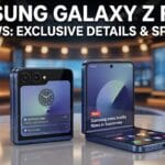 Two Samsung Galaxy Z Flip 8 phones are displayed on a desk in a news studio, one folded and one unfolded, with headlines on screen.