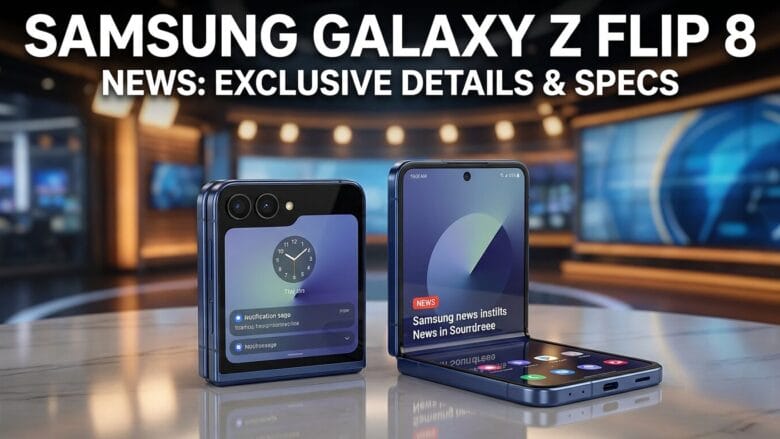 Two Samsung Galaxy Z Flip 8 phones are displayed on a desk in a news studio, one folded and one unfolded, with headlines on screen.