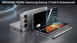 Two Samsung Galaxy Z Fold 8 phones are displayed, one folded and one open, alongside a stylus on a gray surface.