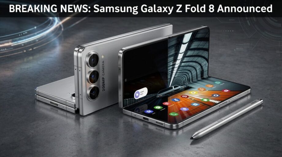 Two Samsung Galaxy Z Fold 8 phones are displayed, one folded and one open, alongside a stylus on a gray surface.