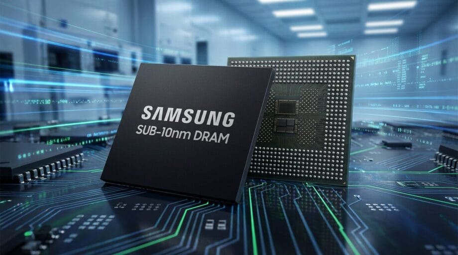 Close-up of two Samsung SUB-10nm DRAM chips with circuit board pattern, set in a high-tech laboratory environment.