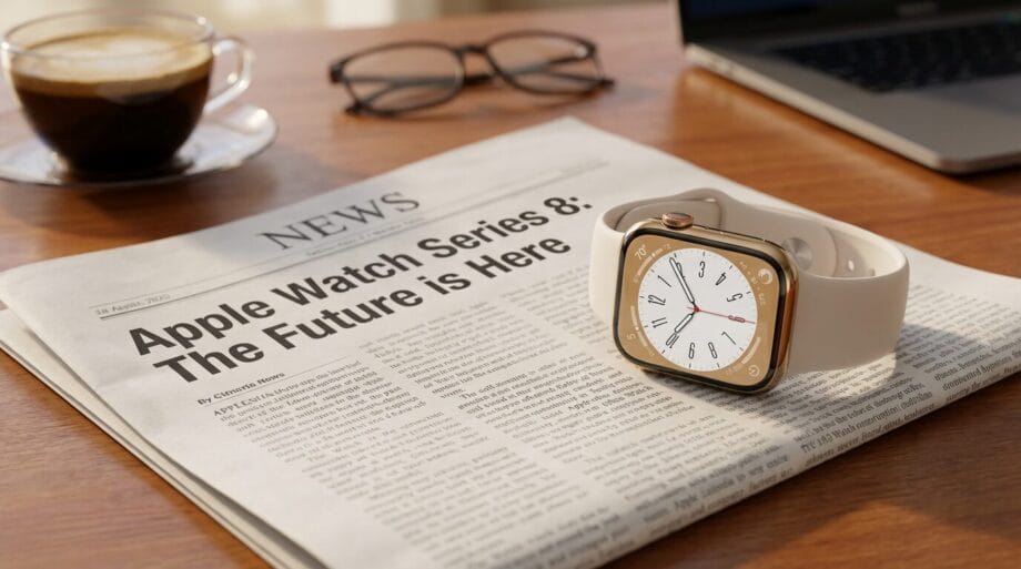 Apple Watch Series 8 displayed on top of a newspaper with a headline about its release, near a laptop, glasses, and a cup of coffee.