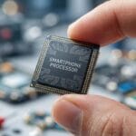 A hand holding a microchip labeled SMARTPHONE PROCESSOR above a blurred background of electronic components.