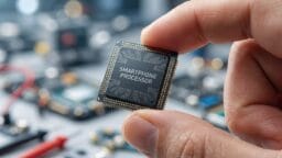 A hand holding a microchip labeled SMARTPHONE PROCESSOR above a blurred background of electronic components.